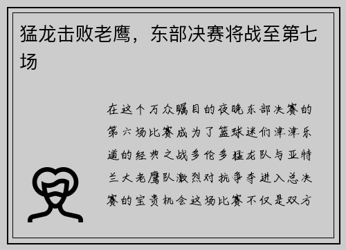 猛龙击败老鹰，东部决赛将战至第七场