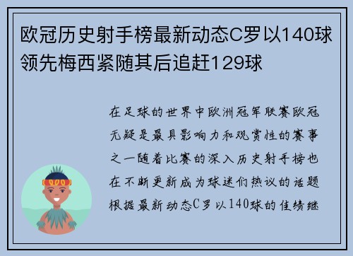 欧冠历史射手榜最新动态C罗以140球领先梅西紧随其后追赶129球